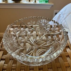 Vintage American Brilliant Cut Crystal Bowl With Etched Flowers and Leaves